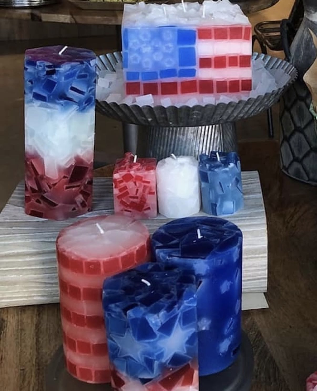 Patriotic American flag and red white blue candles made at Glow Candle Lounge