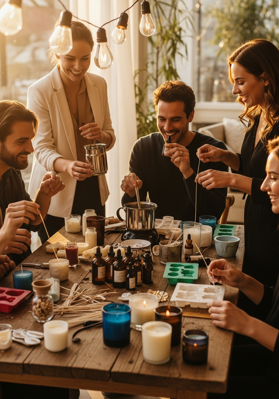 A group making candles together at Glow Candle Lounge