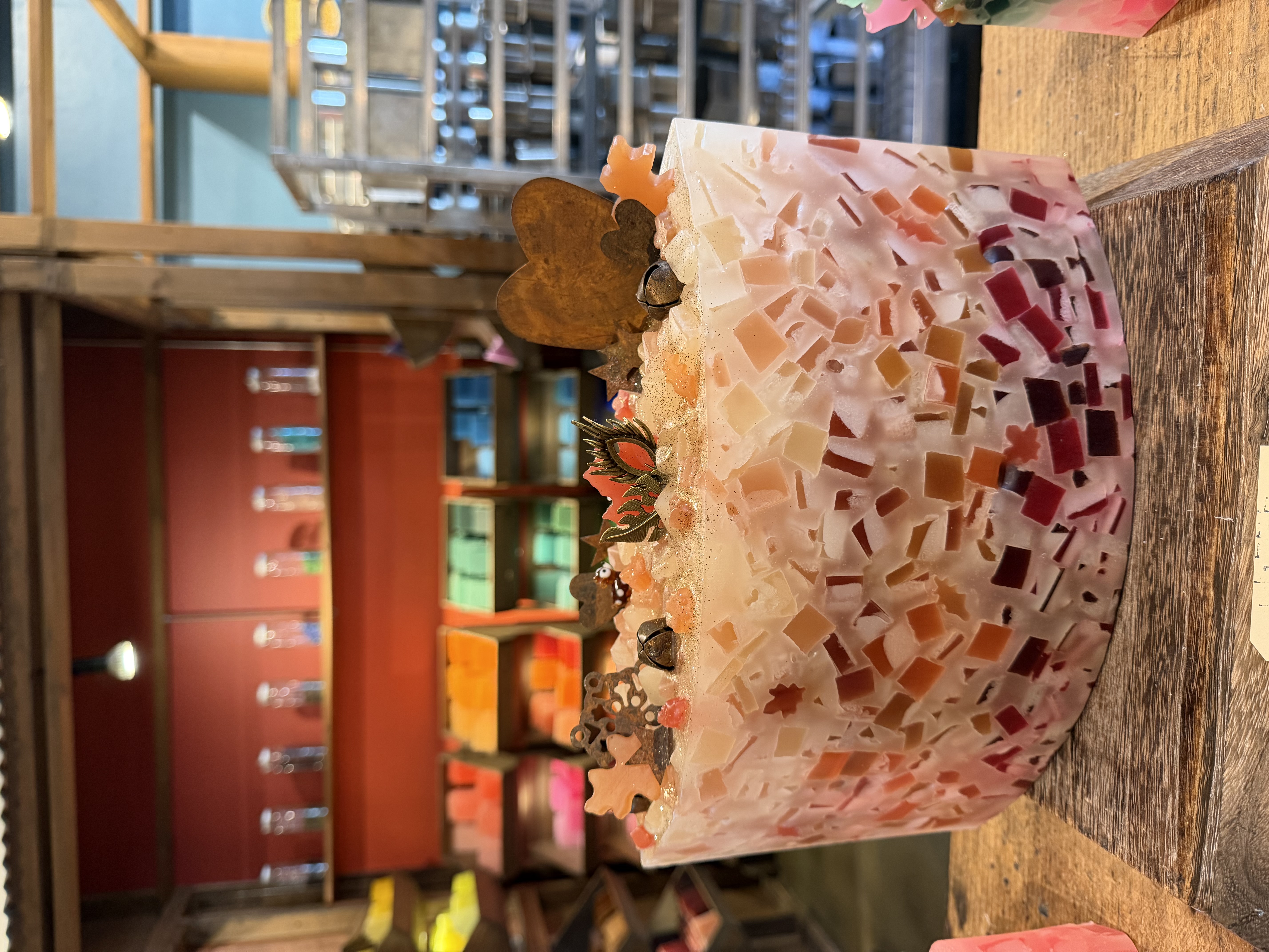 Colorful mosaic candle made at Glow Candle Lounge